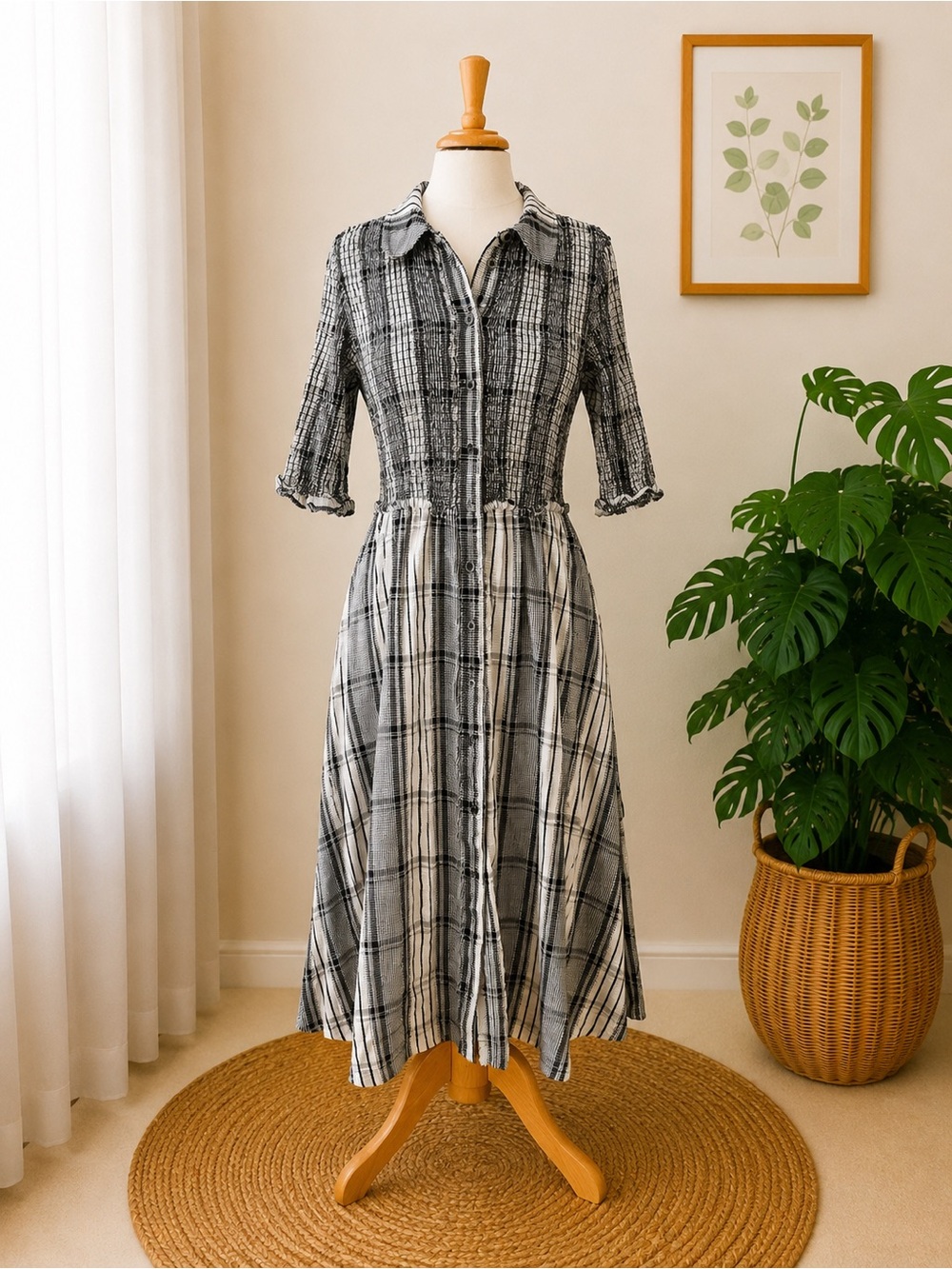 Maeve Anthropologie Short-Sleeve Smocked Midi Shirtdress Black White Plaid